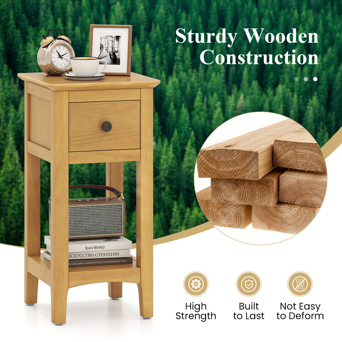 3-Tier Nightstand with Drawer and Open Storage Shelf-Natural-Nightstands-DECOROLALA