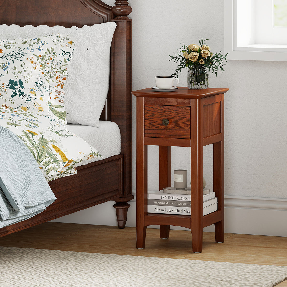 3-Tier Nightstand with Drawer and Open Storage Shelf-Walnut-Nightstands-DECOROLALA