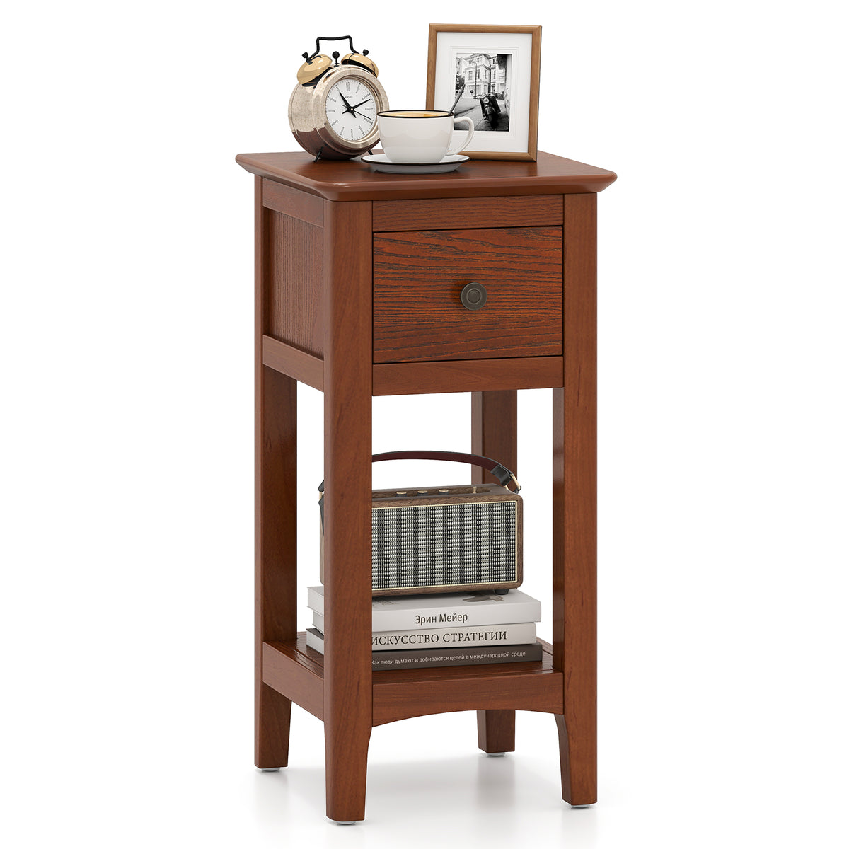 3-Tier Nightstand with Drawer and Open Storage Shelf-Walnut-Nightstands-DECOROLALA