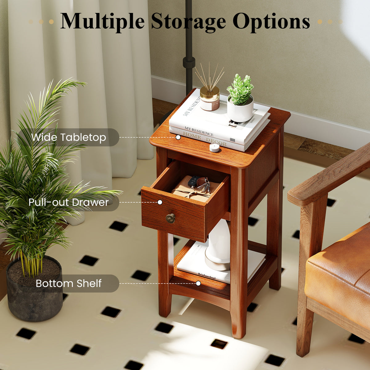3-Tier Nightstand with Drawer and Open Storage Shelf-Walnut-Nightstands-DECOROLALA