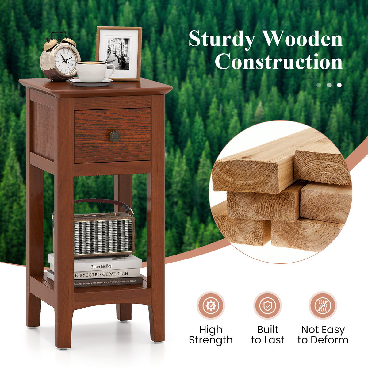 3-Tier Nightstand with Drawer and Open Storage Shelf-Walnut-Nightstands-DECOROLALA