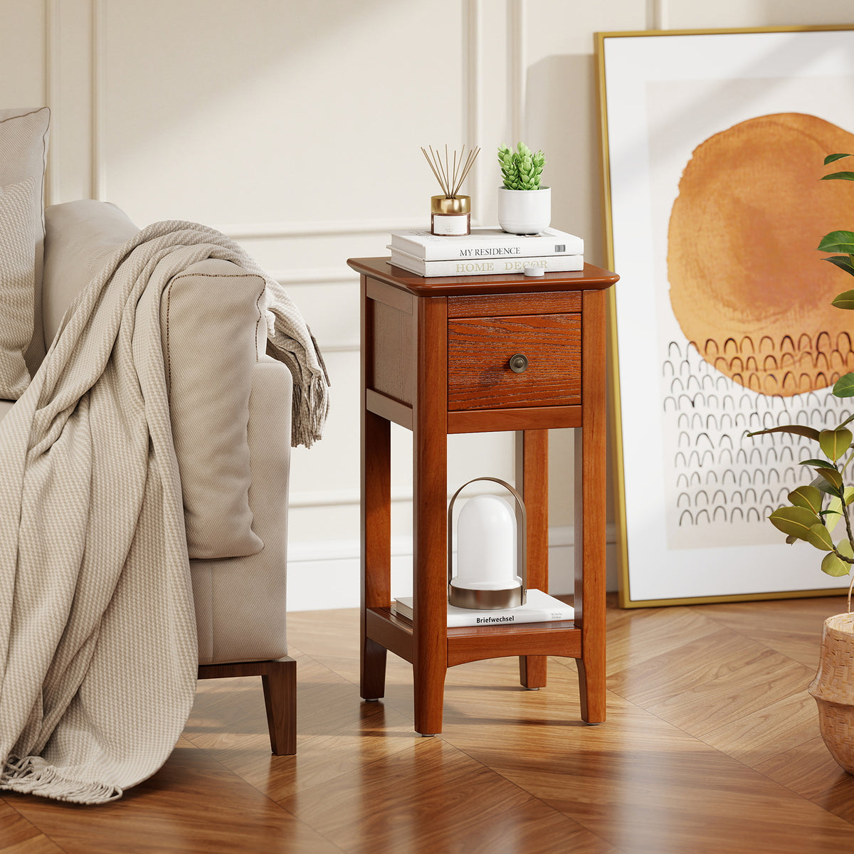 3-Tier Nightstand with Drawer and Open Storage Shelf-Walnut-Nightstands-DECOROLALA