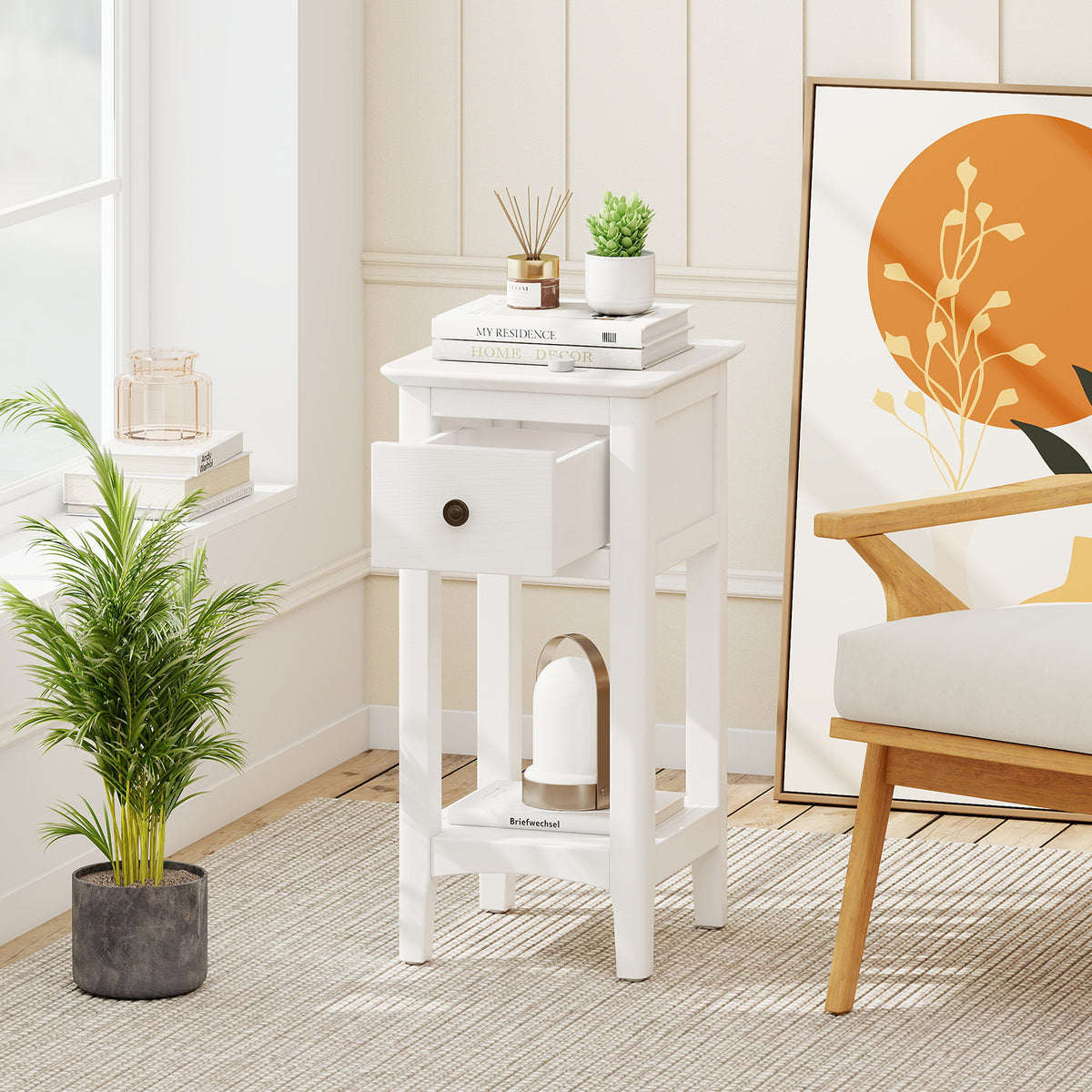 3-Tier Nightstand with Drawer and Open Storage Shelf-White-Nightstands-DECOROLALA