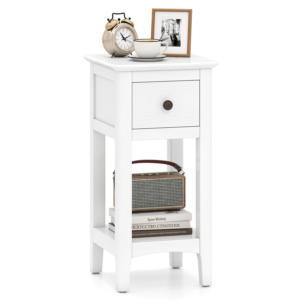 3-Tier Nightstand with Drawer and Open Storage Shelf-White-Nightstands-DECOROLALA