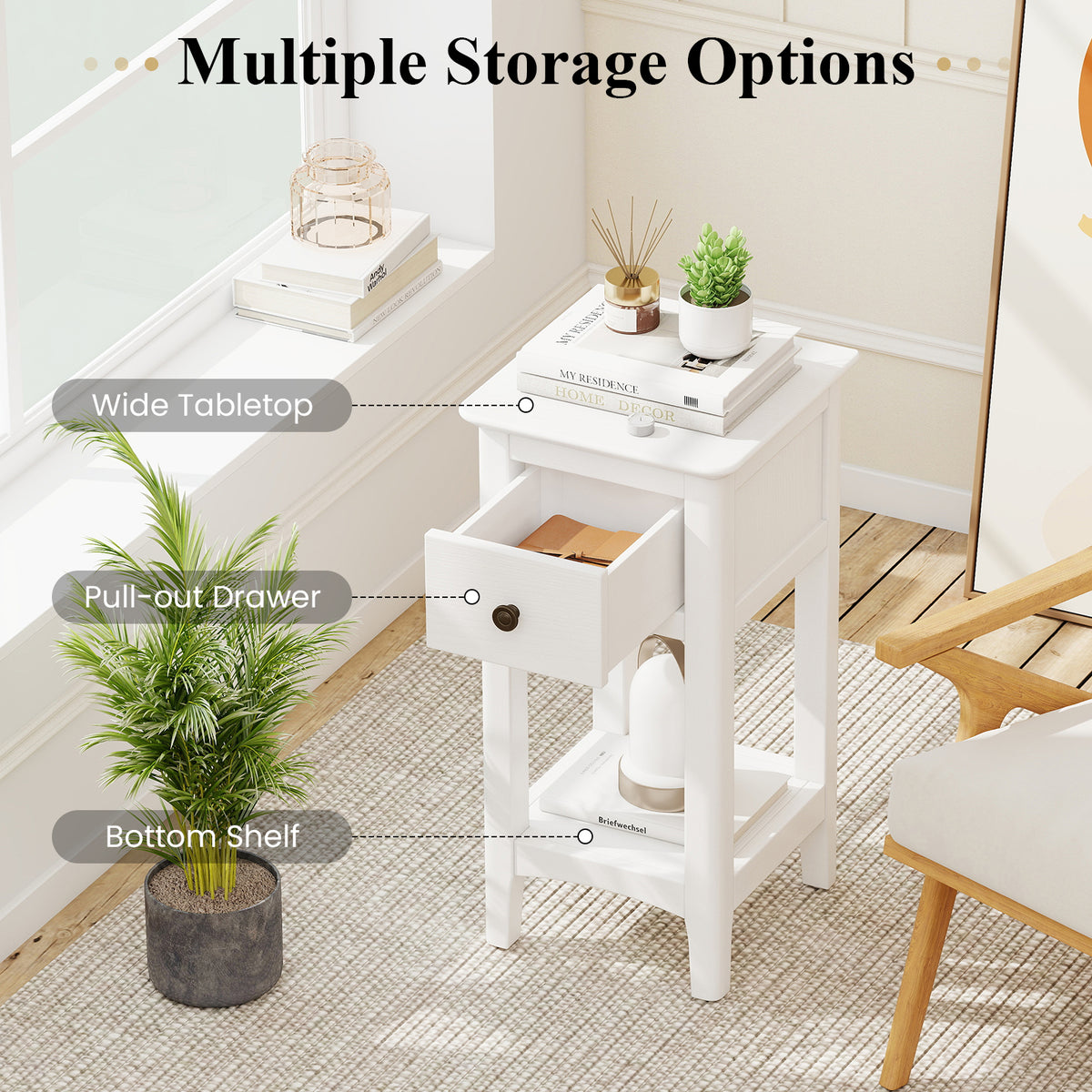 3-Tier Nightstand with Drawer and Open Storage Shelf-White-Nightstands-DECOROLALA