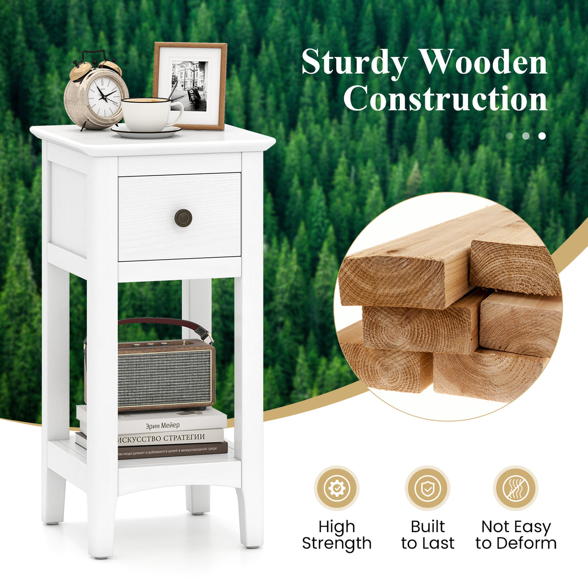 3-Tier Nightstand with Drawer and Open Storage Shelf-White-Nightstands-DECOROLALA