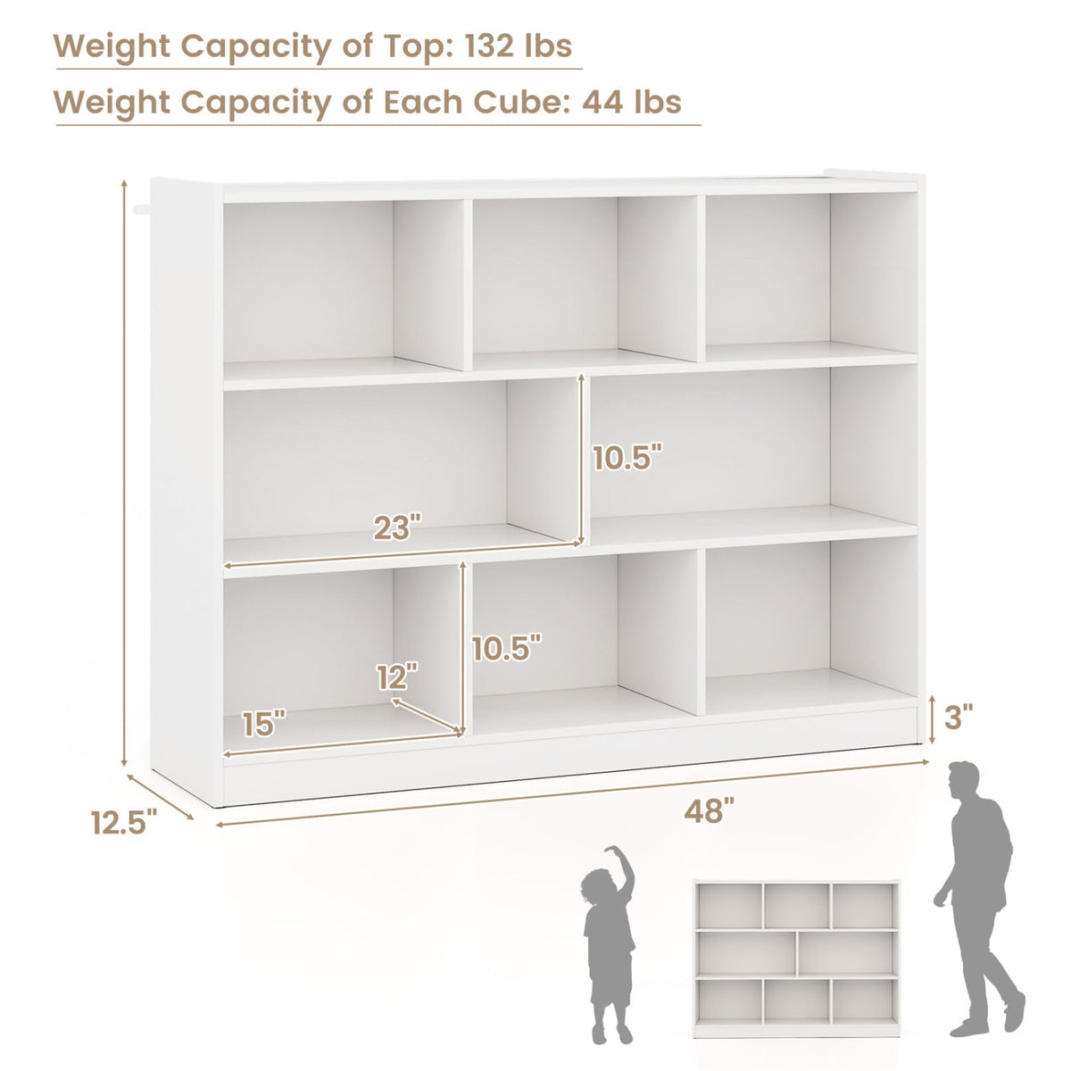 3-Tier Open Bookcase 8-Cube Floor Standing Storage Shelves Display Cabinet-White-Bookcases-DECOROLALA