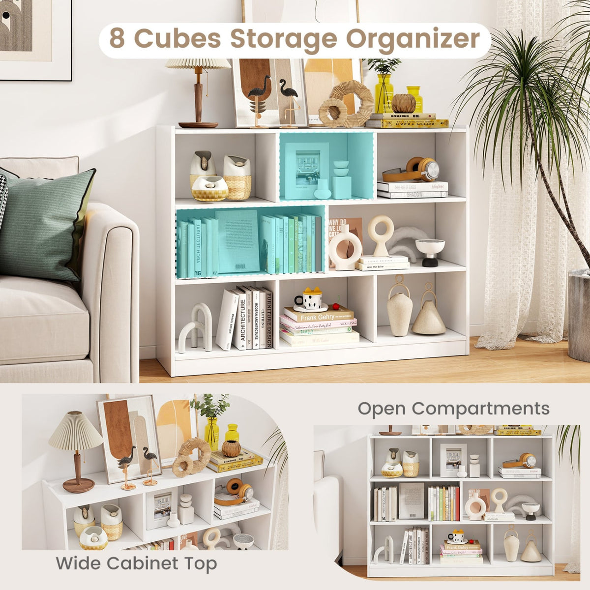 3-Tier Open Bookcase 8-Cube Floor Standing Storage Shelves Display Cabinet-White-Bookcases-DECOROLALA