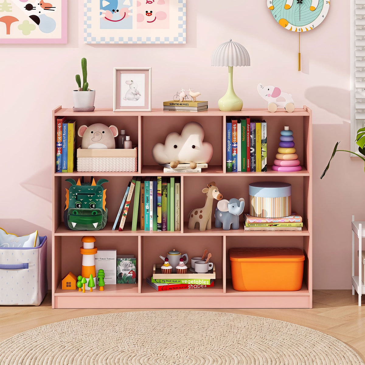 3-Tier Open Bookcase 8-Cube Floor Standing Storage Shelves-Pink-Bookcases-DECOROLALA