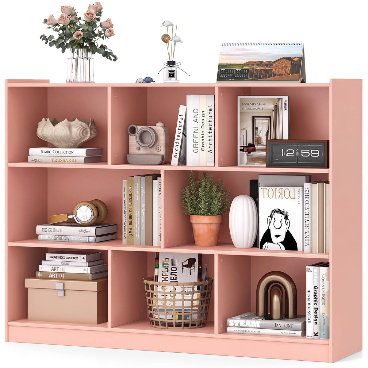 3-Tier Open Bookcase 8-Cube Floor Standing Storage Shelves-Pink-Bookcases-DECOROLALA