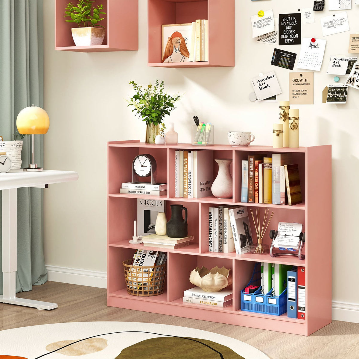 3-Tier Open Bookcase 8-Cube Floor Standing Storage Shelves-Pink-Bookcases-DECOROLALA