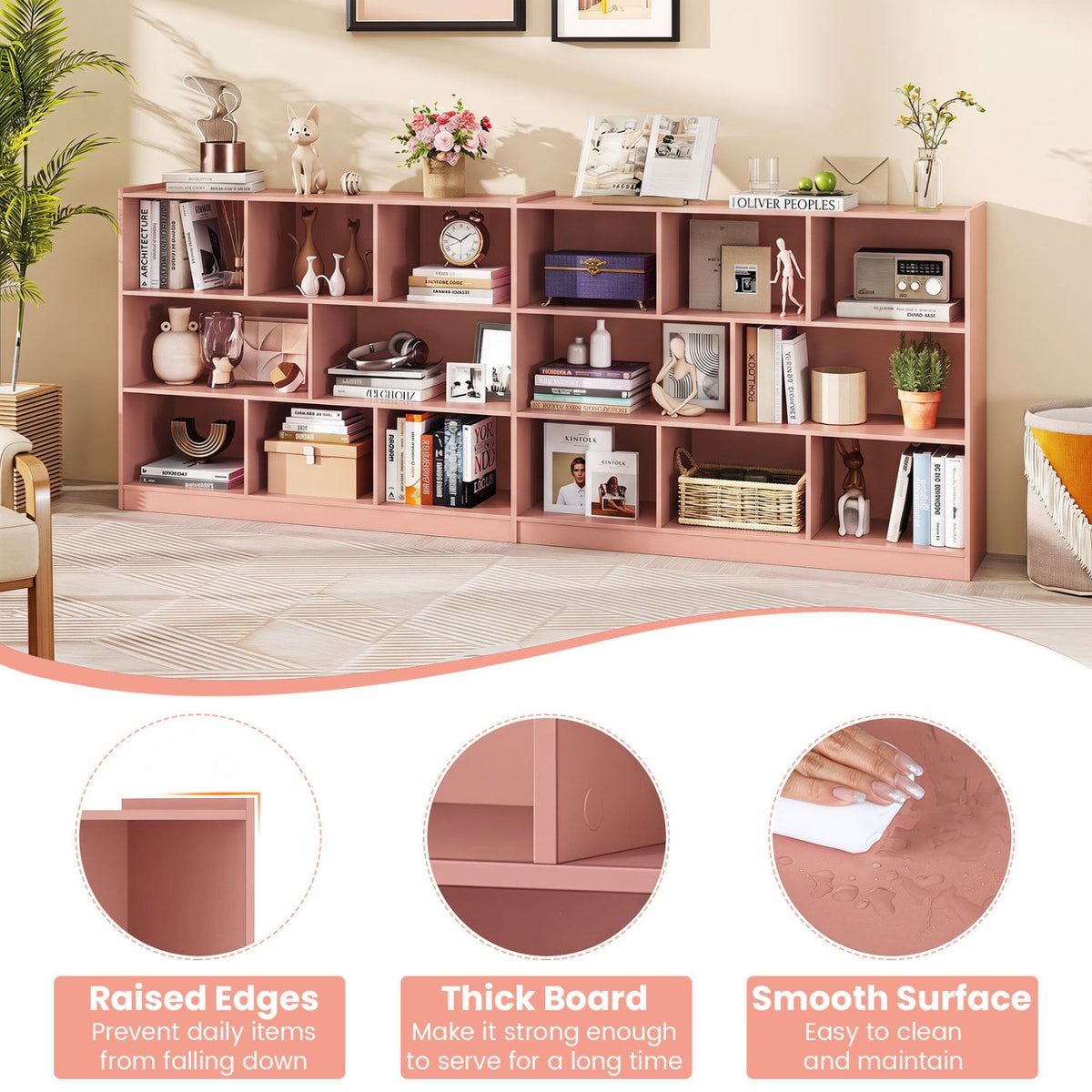 3-Tier Open Bookcase 8-Cube Floor Standing Storage Shelves-Pink-Bookcases-DECOROLALA
