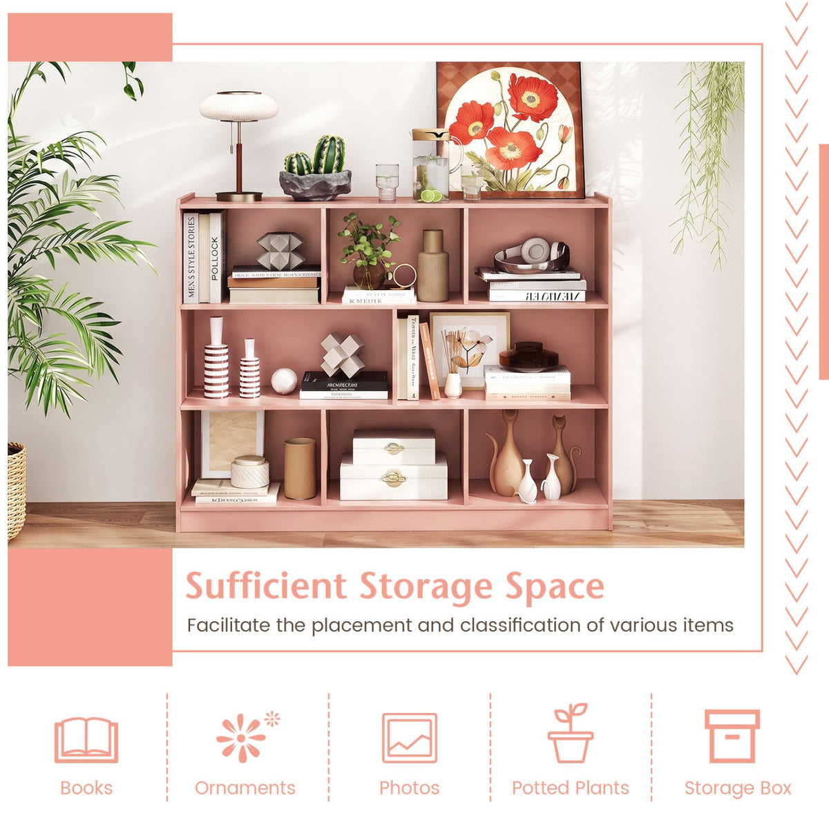 3-Tier Open Bookcase 8-Cube Floor Standing Storage Shelves-Pink-Bookcases-DECOROLALA