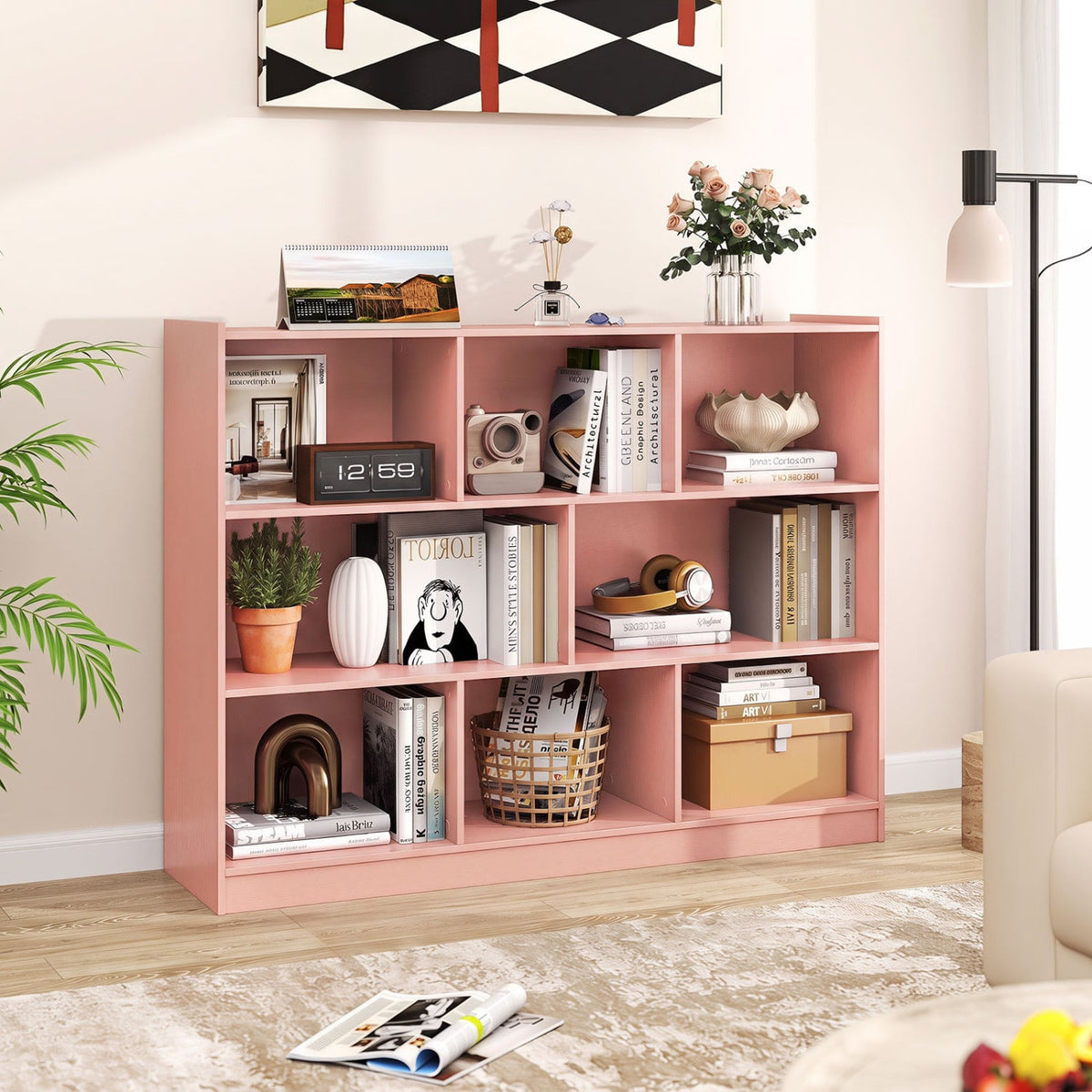 3-Tier Open Bookcase 8-Cube Floor Standing Storage Shelves-Pink-Bookcases-DECOROLALA
