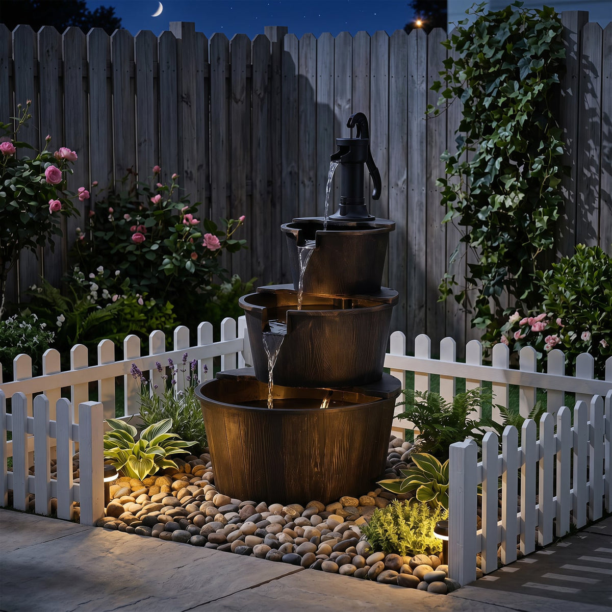 3-Tier Outdoor Barrel Waterfall Fountain with Electric Pump-Outdoor Fountains-DECOROLALA