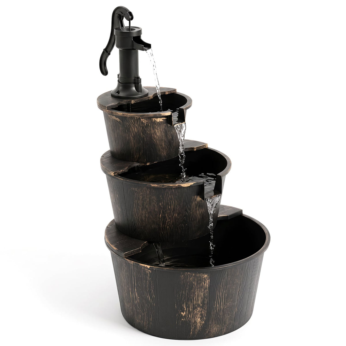 3-Tier Outdoor Barrel Waterfall Fountain with Electric Pump-Outdoor Fountains-DECOROLALA
