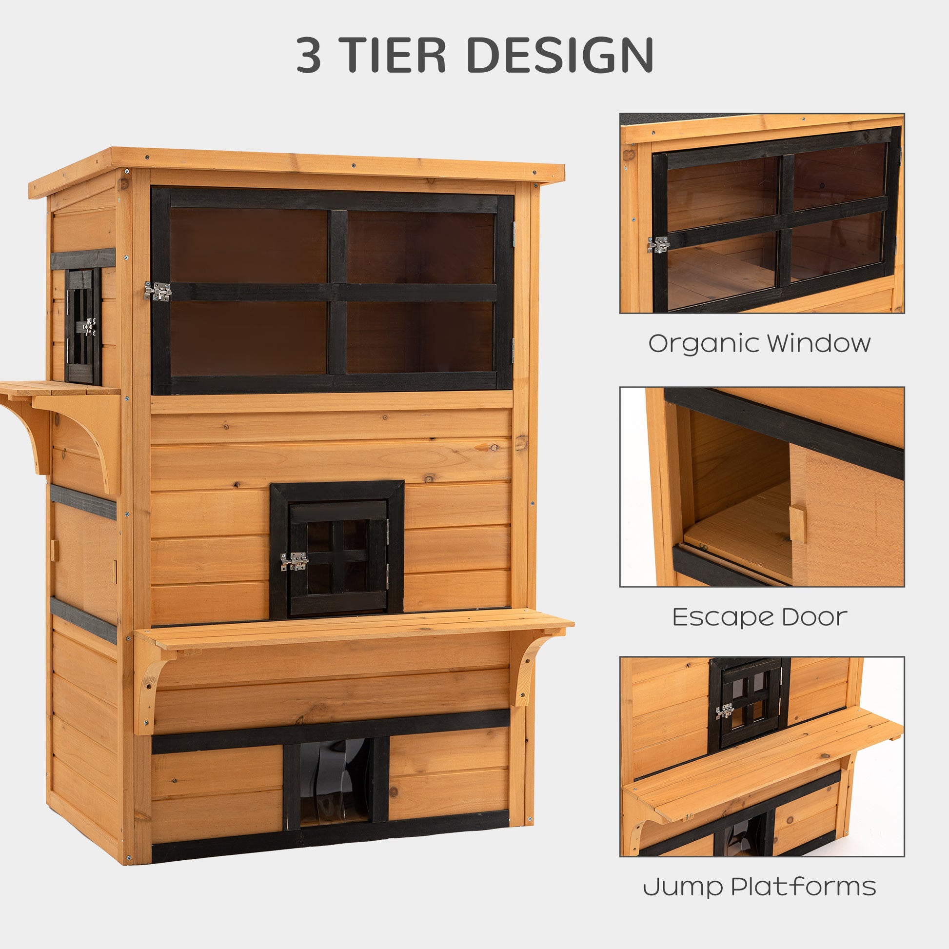 3-Tier Outdoor Cat House - Fir Wood Weather Resistant Shelter-DECOROLALA