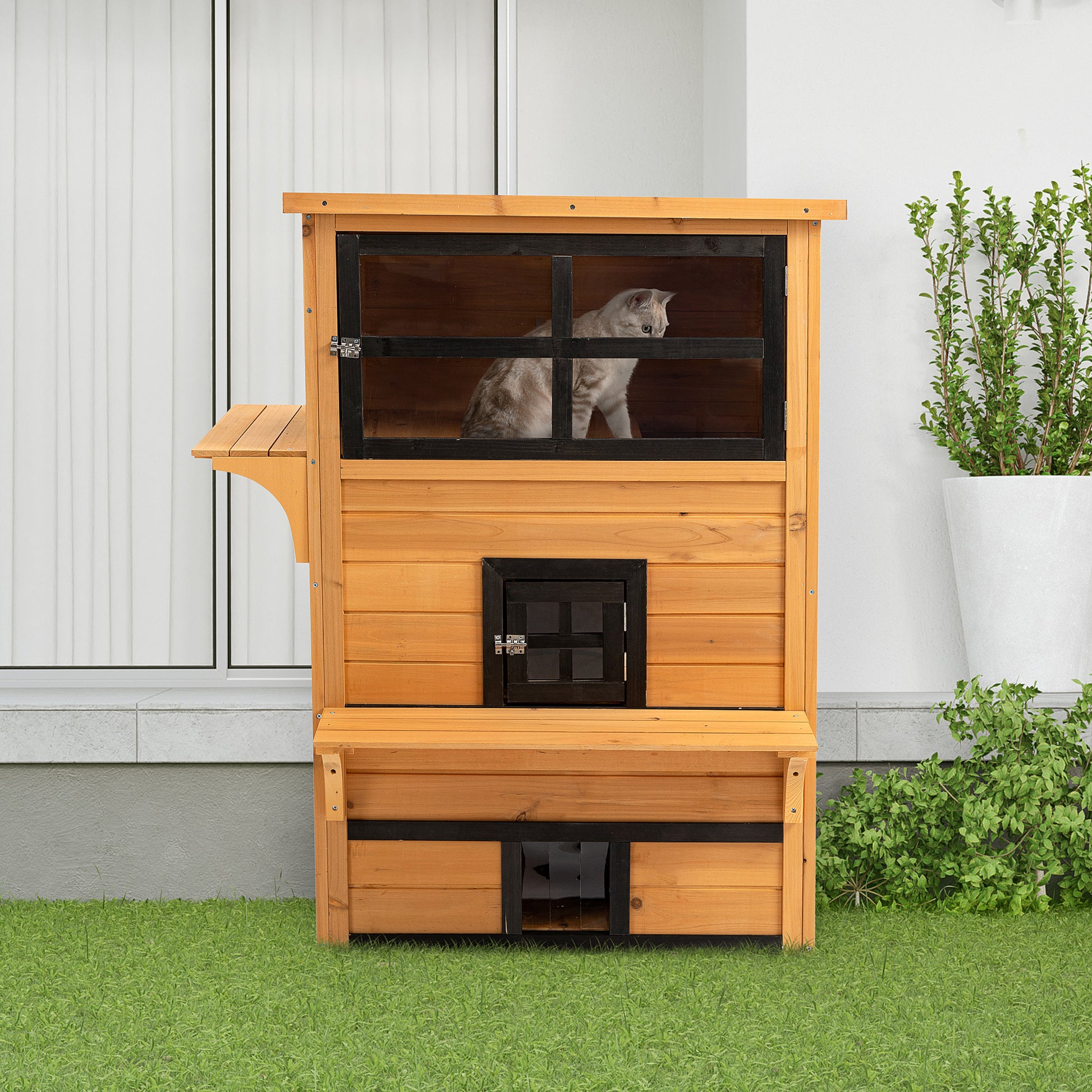 3-Tier Outdoor Cat House - Fir Wood Weather Resistant Shelter-DECOROLALA