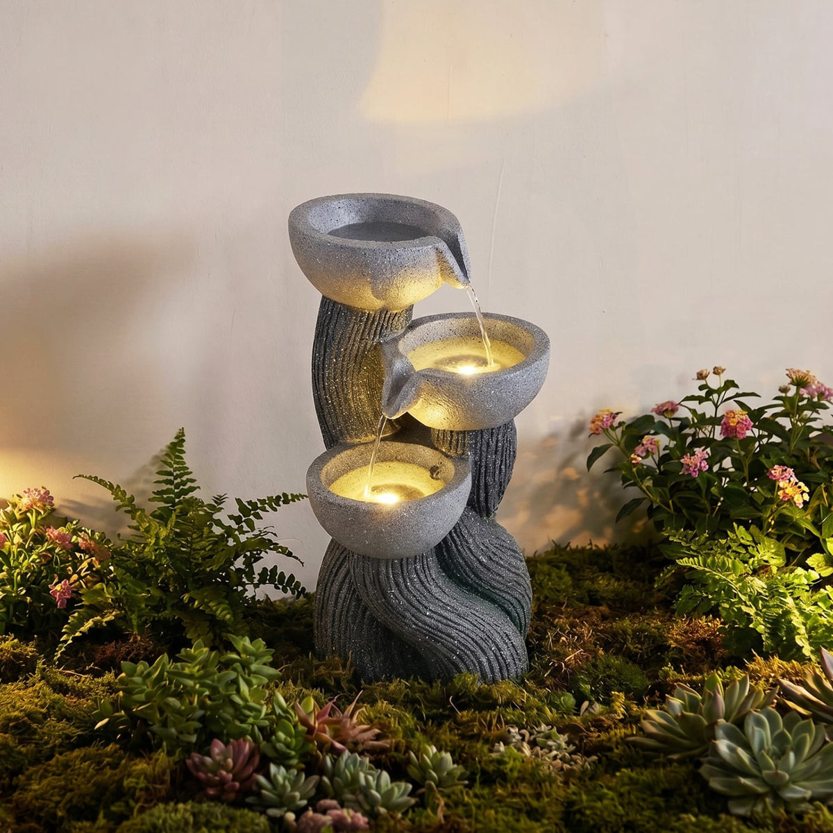 3-Tier Outdoor Water Fountain with LED Lights 18.5 Inch H for Patio Deck-Outdoor Water Fountains-DECOROLALA