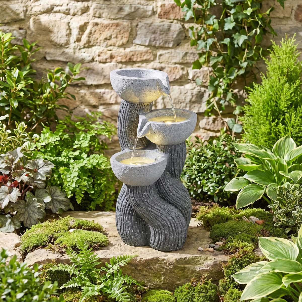 3-Tier Outdoor Water Fountain with LED Lights 18.5 Inch H for Patio Deck-Outdoor Water Fountains-DECOROLALA