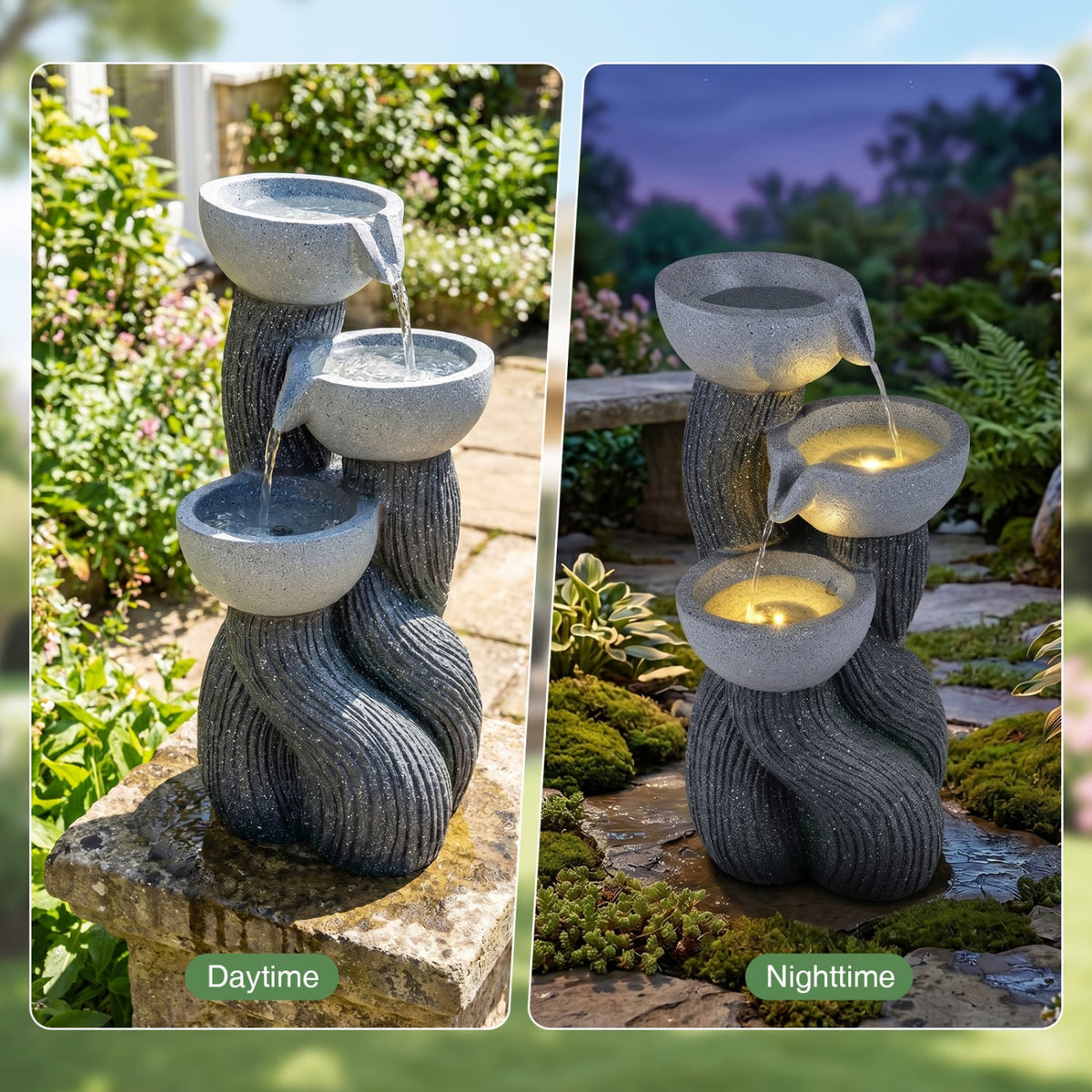 3-Tier Outdoor Water Fountain with LED Lights 18.5 Inch H for Patio Deck-Outdoor Water Fountains-DECOROLALA