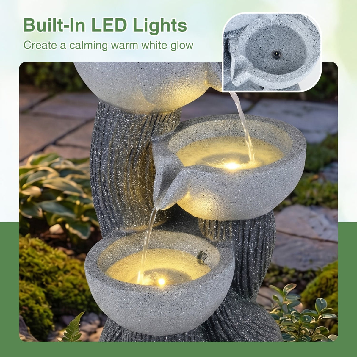 3-Tier Outdoor Water Fountain with LED Lights 18.5 Inch H for Patio Deck-Outdoor Water Fountains-DECOROLALA