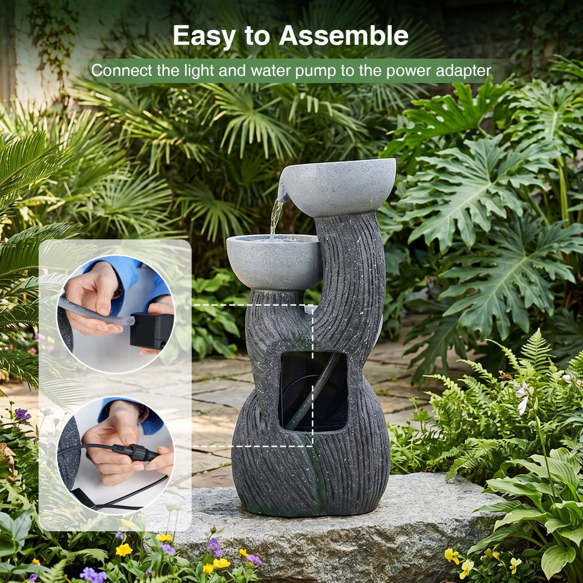 3-Tier Outdoor Water Fountain with LED Lights 18.5 Inch H for Patio Deck-Outdoor Water Fountains-DECOROLALA