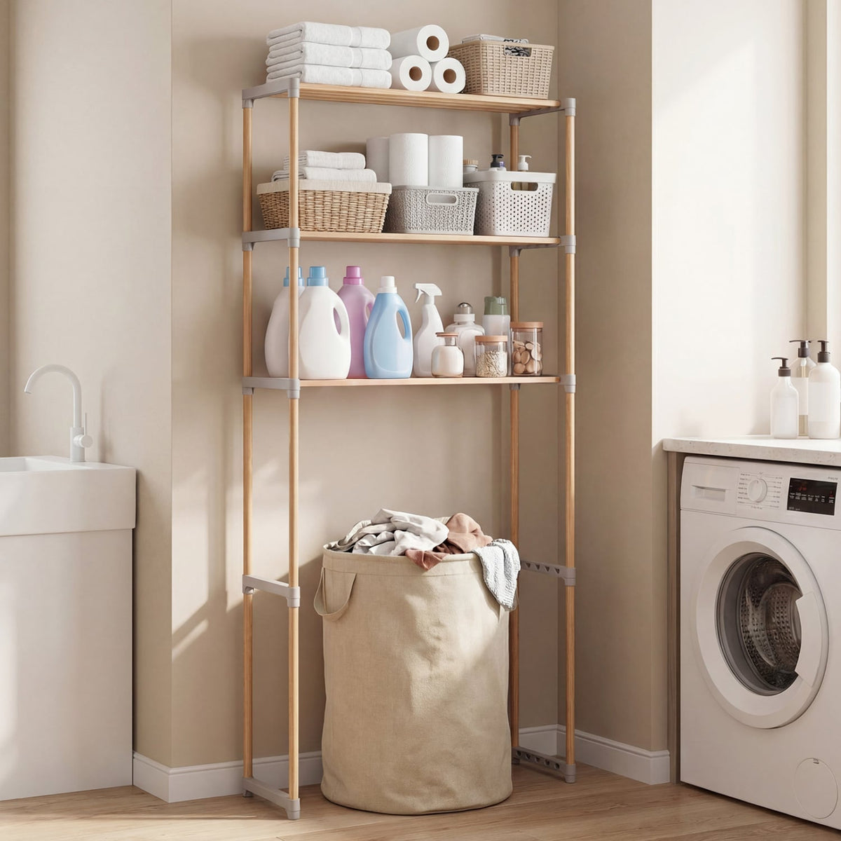 3-Tier Over The Toilet Storage Rack with Open Shelves-Gray-Over the Toilet Storage-DECOROLALA