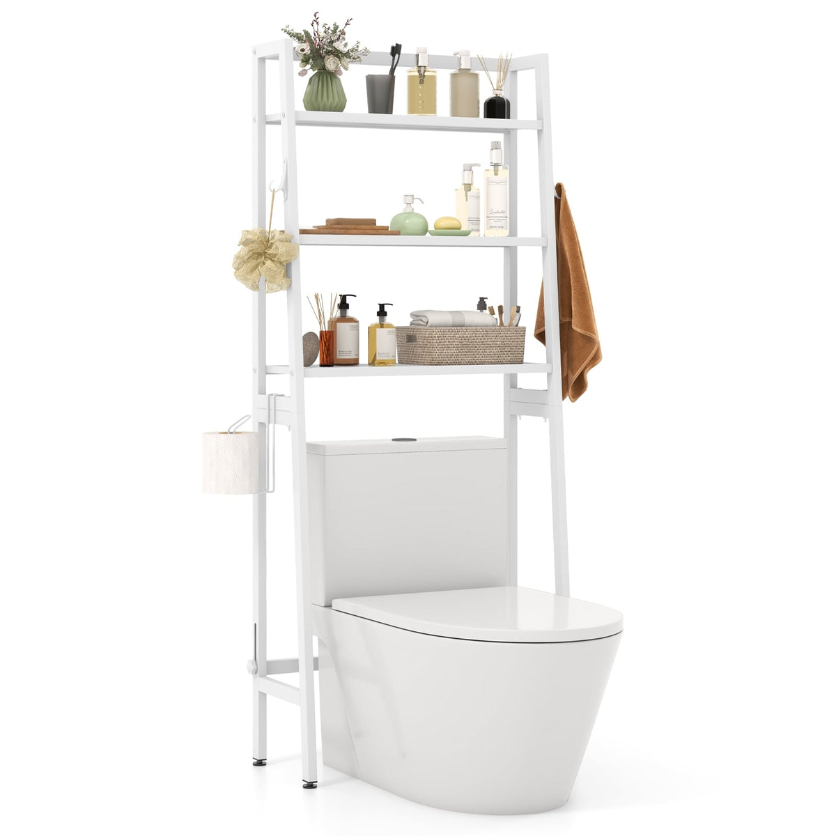 3-Tier Over The Toilet Storage Shelf with Adjustable Bottom Bar-White-Over the Toilet Storage-DECOROLALA