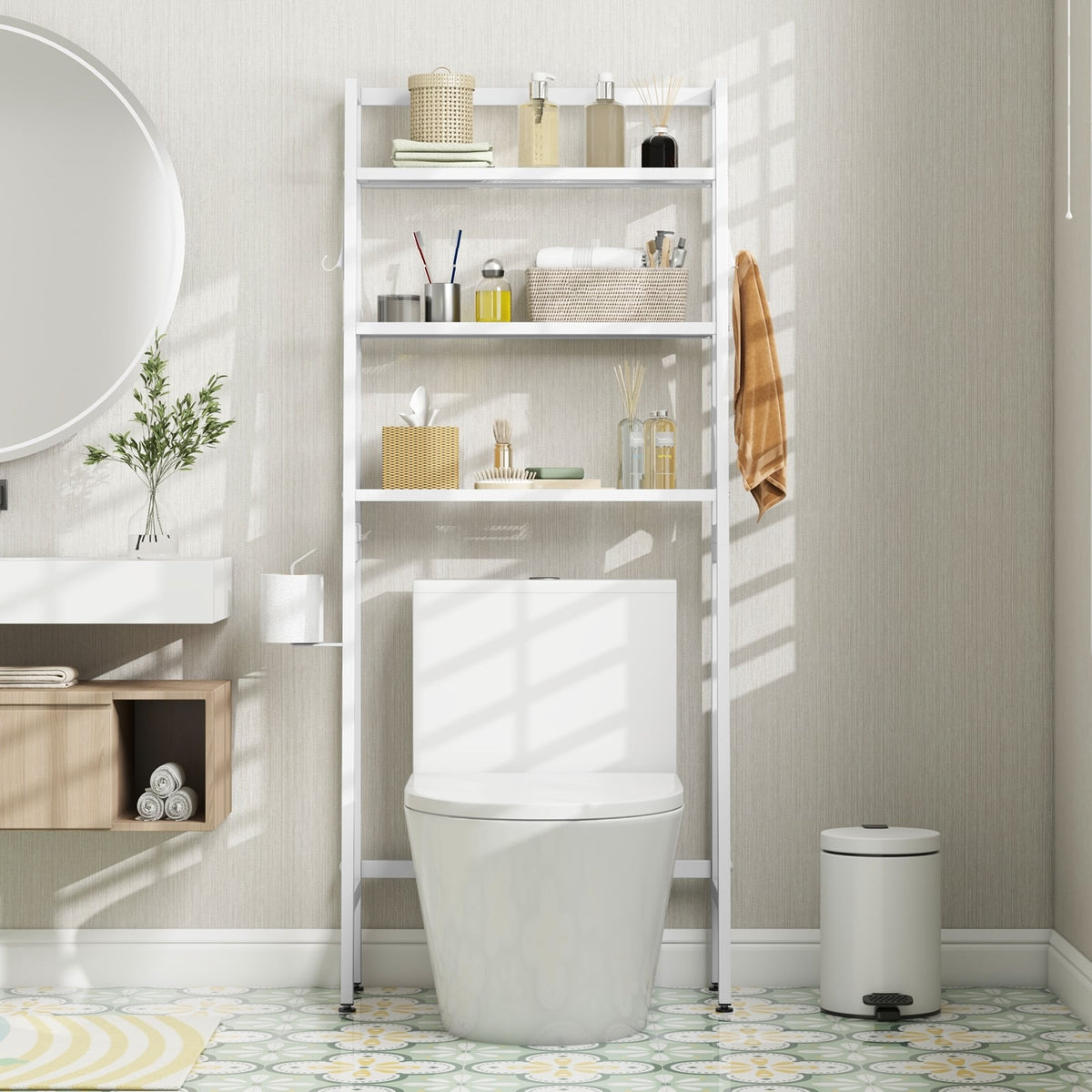 3-Tier Over The Toilet Storage Shelf with Adjustable Bottom Bar-White-Over the Toilet Storage-DECOROLALA