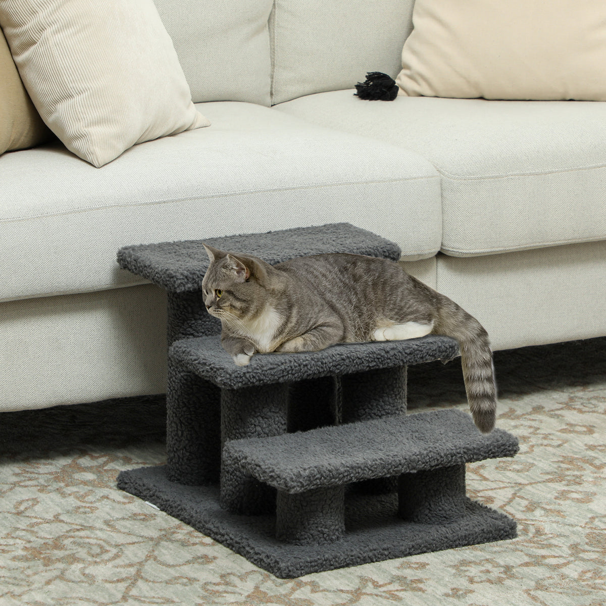 3-Tier Pet Stairs with Scratching Posts - Dark Grey-Cats-DECOROLALA
