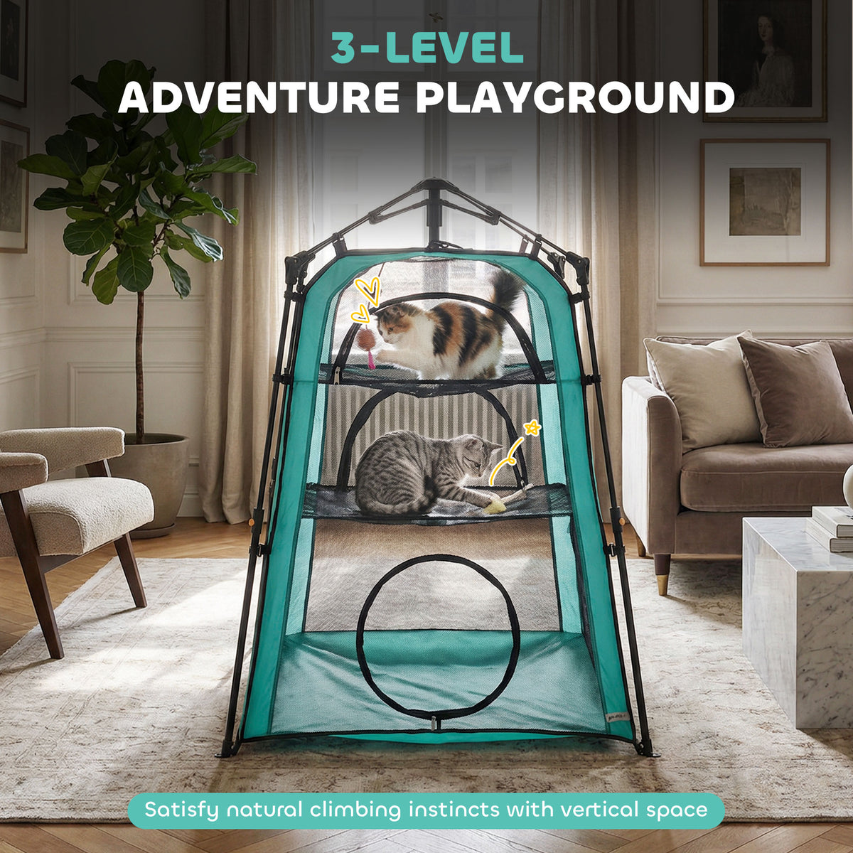 3-Tier Portable Cat Tent - Indoor/Outdoor Mesh Pet House, Green-Cats-DECOROLALA