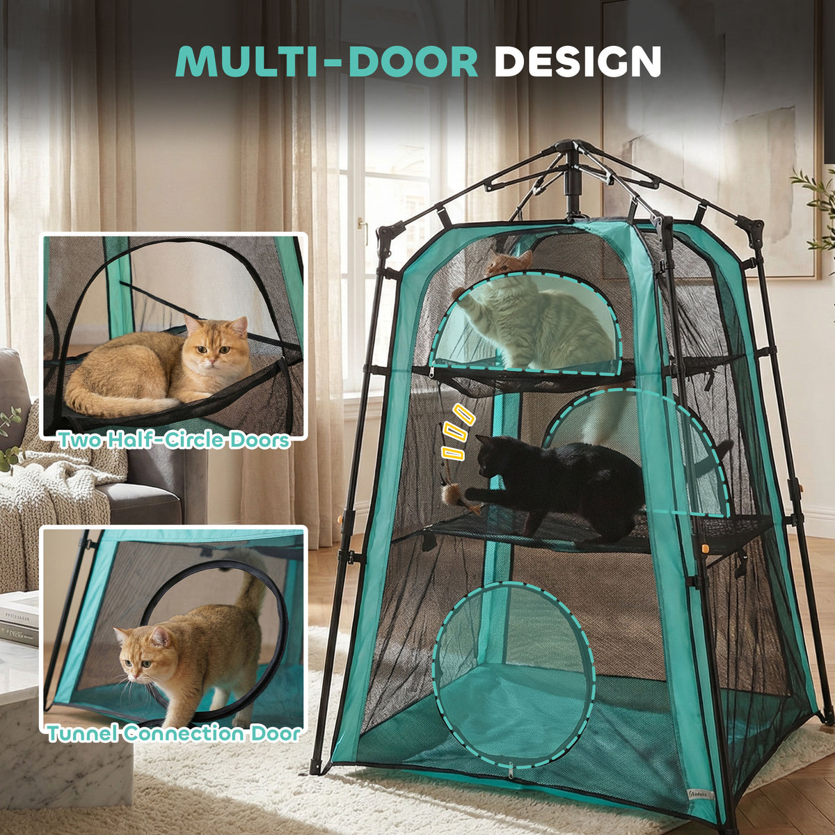 3-Tier Portable Cat Tent - Indoor/Outdoor Mesh Pet House, Green-Cats-DECOROLALA