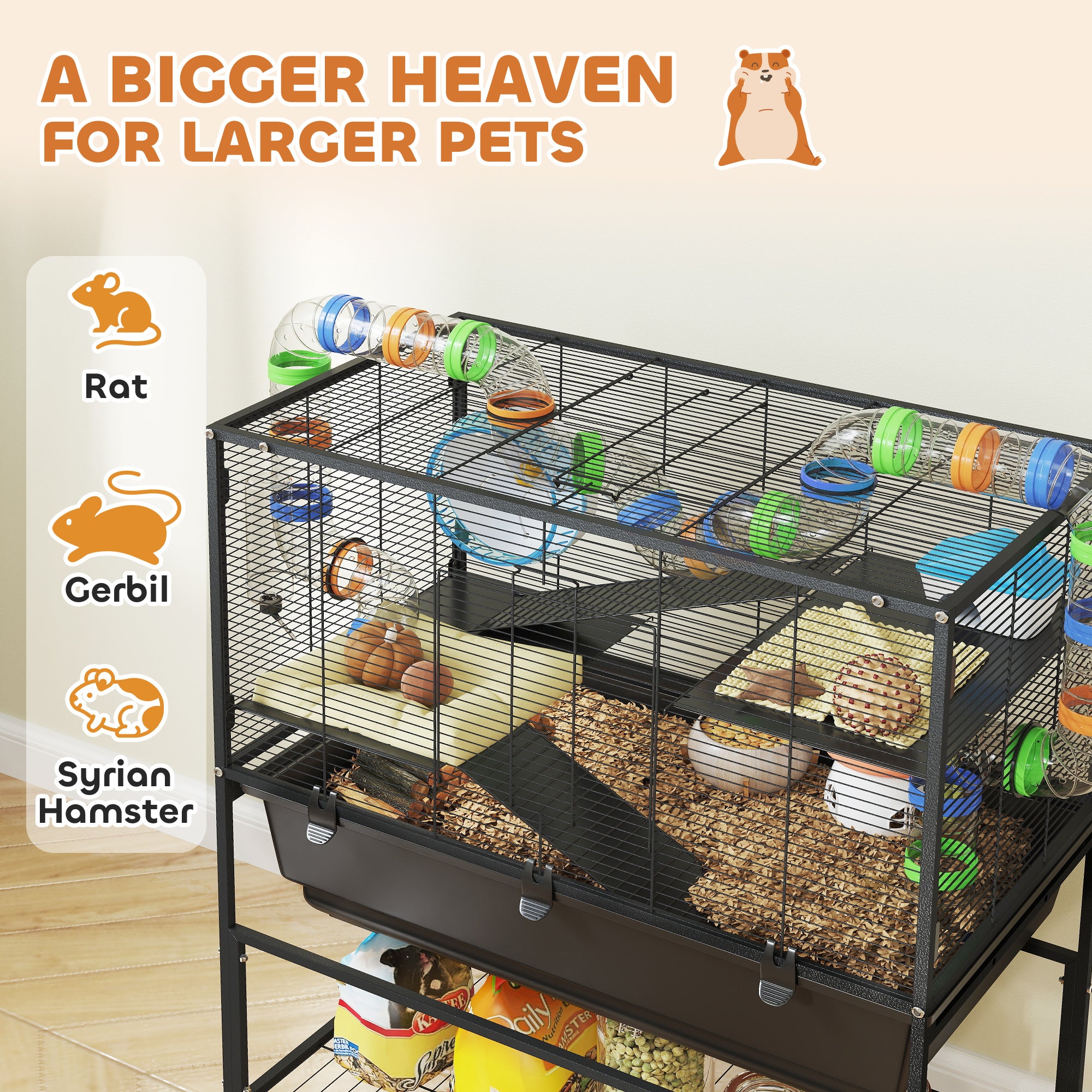 3-Tier Rolling Hamster Cage - Black 32" Large Pet Habitat-DECOROLALA