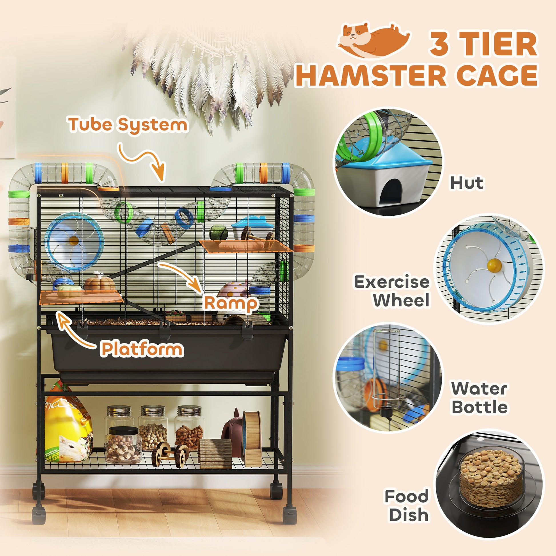 3-Tier Rolling Hamster Cage - Black 32" Large Pet Habitat-DECOROLALA