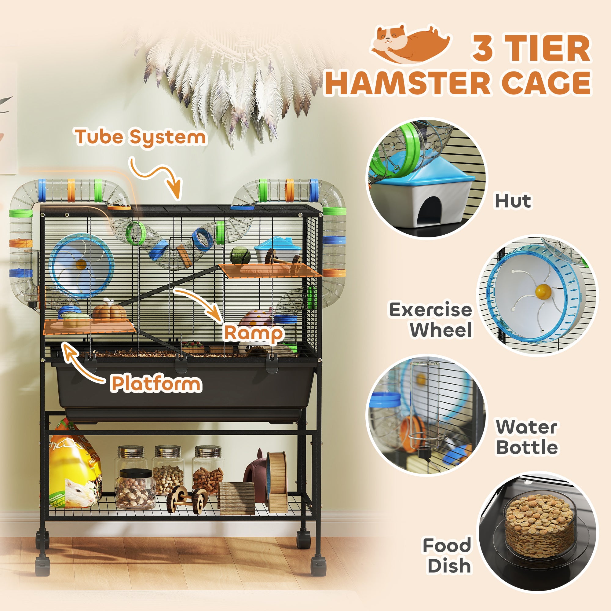 3-Tier Rolling Hamster Cage - Black 32" Large Pet Habitat-DECOROLALA