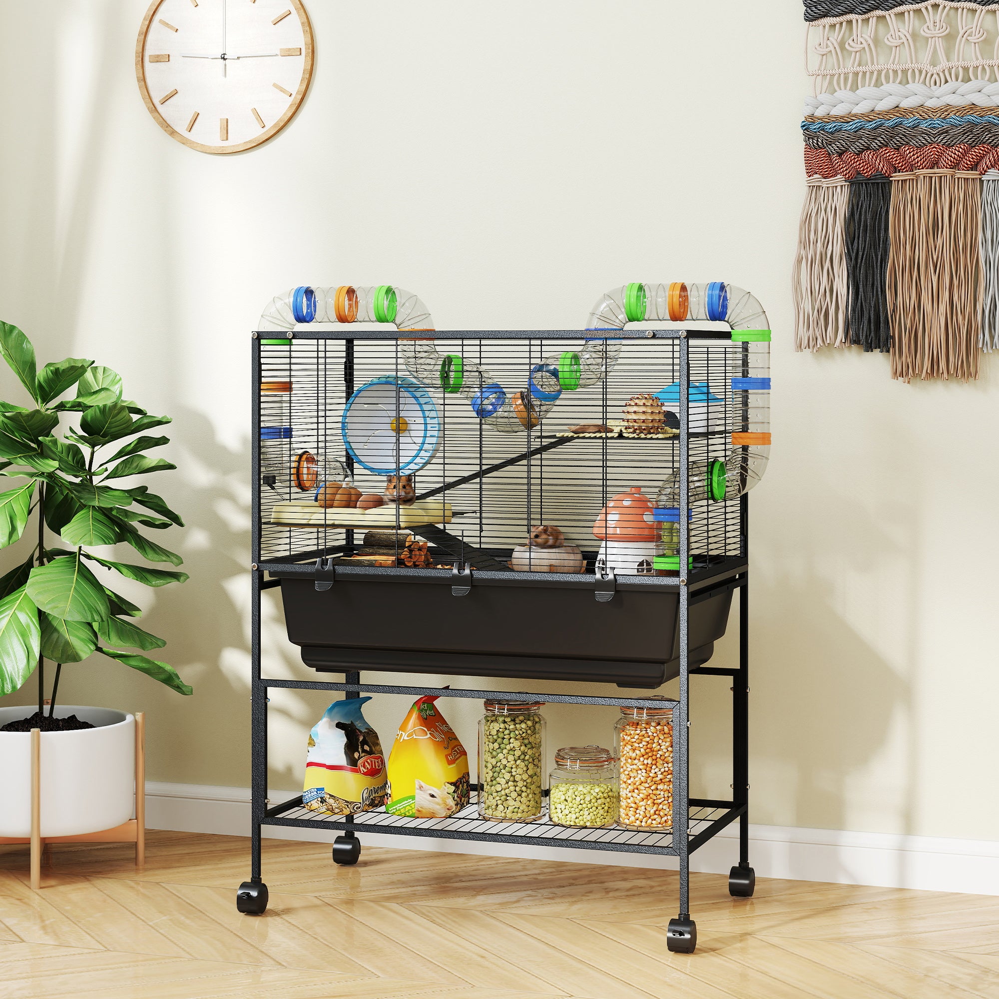 3-Tier Rolling Hamster Cage - Black 32" Large Pet Habitat-DECOROLALA