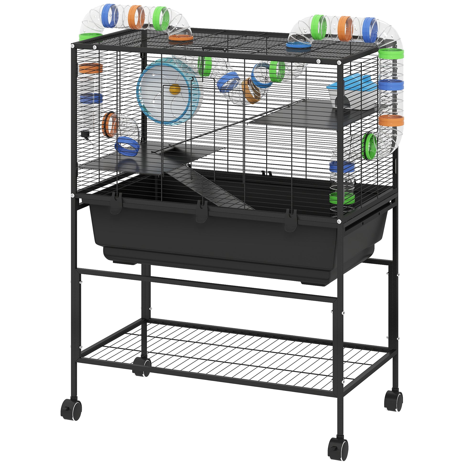3-Tier Rolling Hamster Cage - Black 32" Large Pet Habitat-DECOROLALA