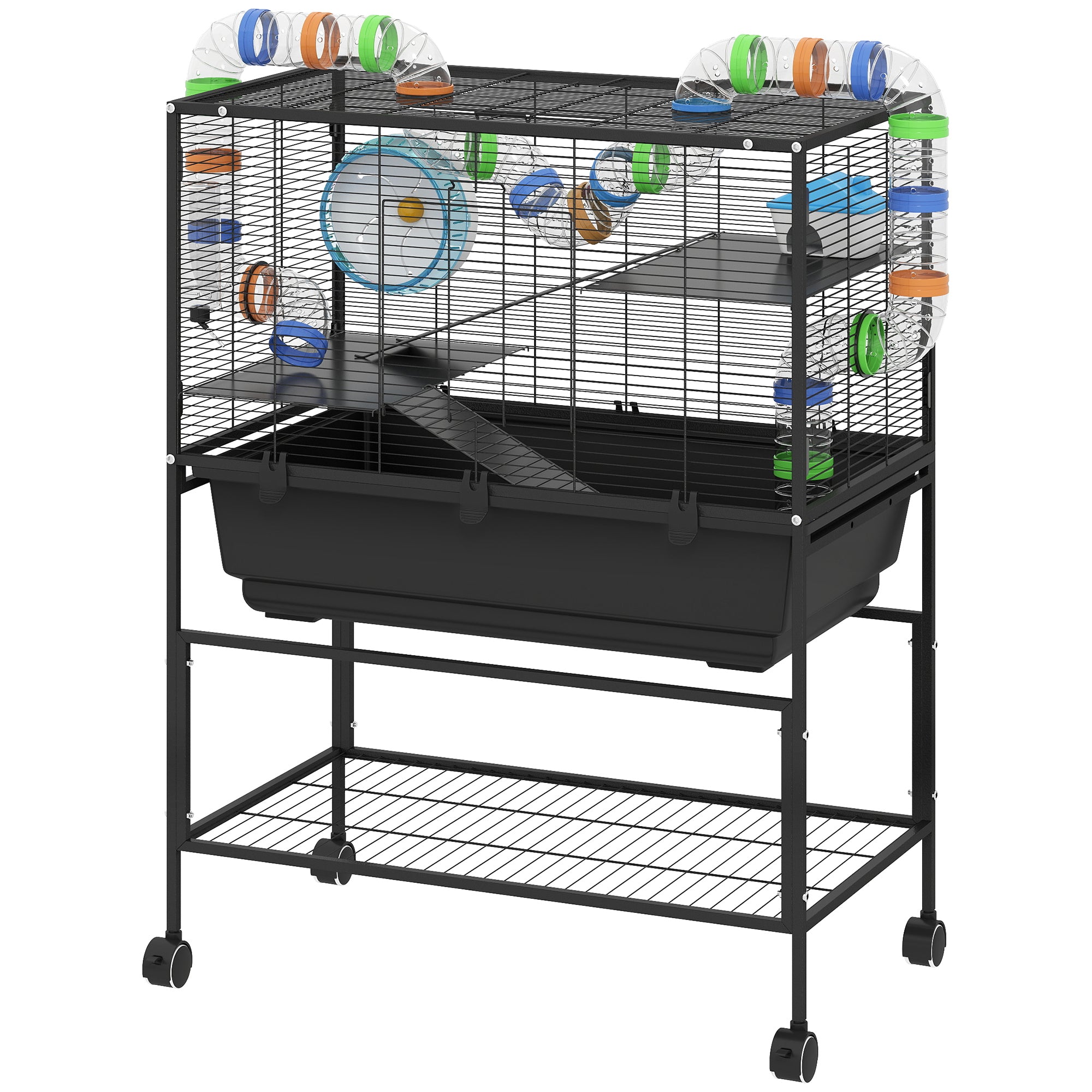 3-Tier Rolling Hamster Cage - Black 32" Large Pet Habitat-DECOROLALA