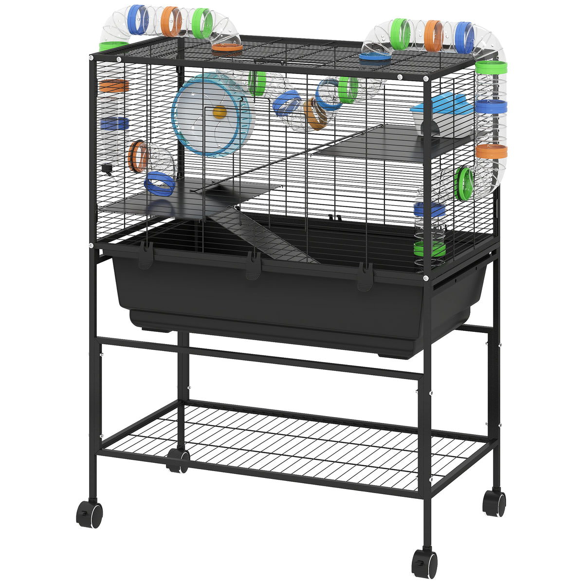 3-Tier Rolling Hamster Cage with 7" Deep Tray - Black-Small Animal Supplies-DECOROLALA