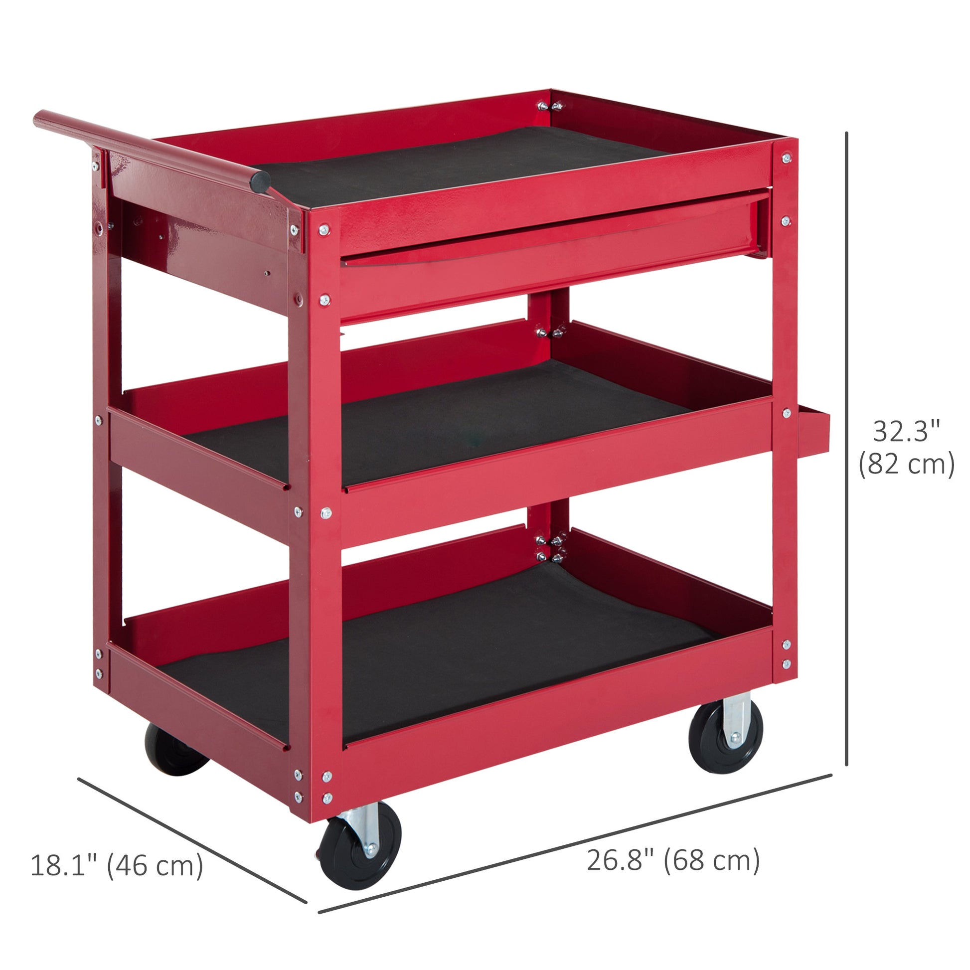 3-Tier Rolling Tool Cart with Drawer & Side Box - Red Steel-Home Improvement > Tools > Tool Organizers-DECOROLALA