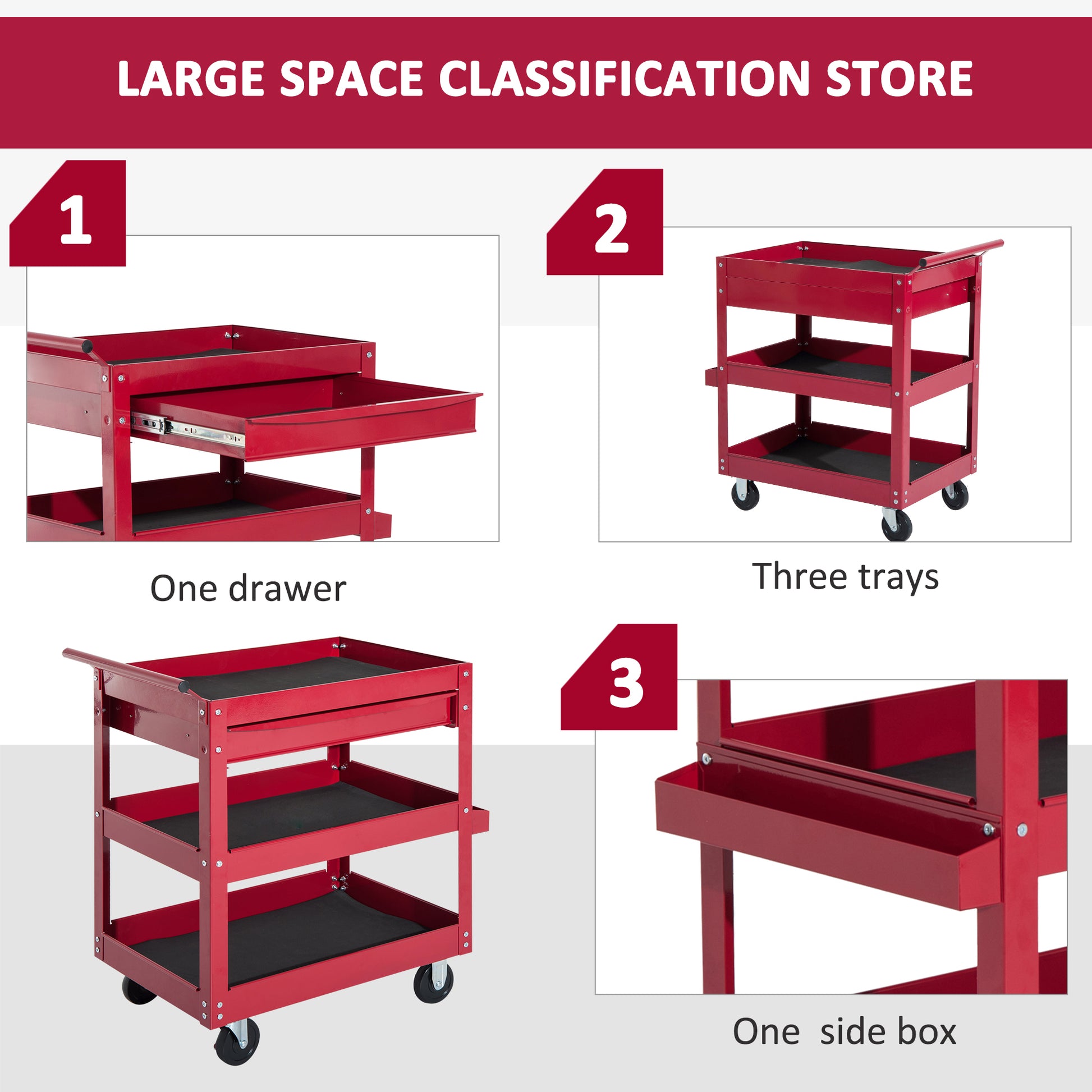 3-Tier Rolling Tool Cart with Drawer & Side Box - Red Steel-Home Improvement > Tools > Tool Organizers-DECOROLALA