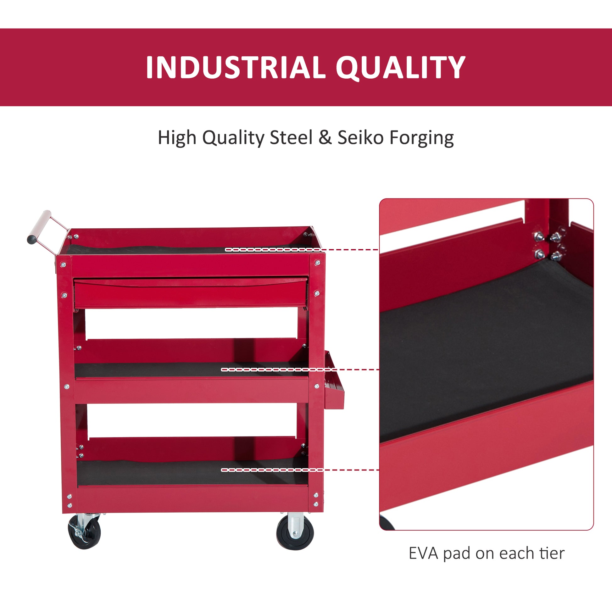 3-Tier Rolling Tool Cart with Drawer & Side Box - Red Steel-Home Improvement > Tools > Tool Organizers-DECOROLALA