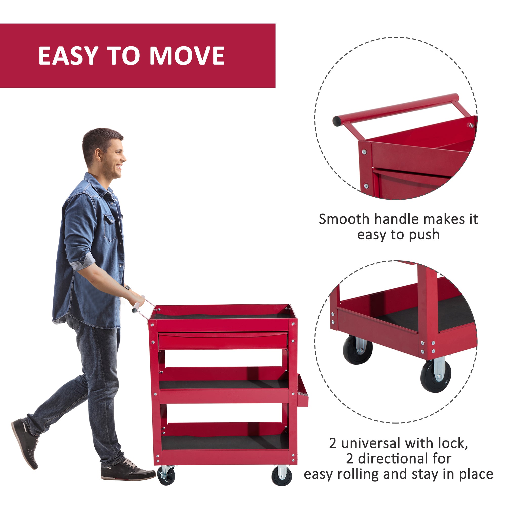 3-Tier Rolling Tool Cart with Drawer & Side Box - Red Steel-Home Improvement > Tools > Tool Organizers-DECOROLALA