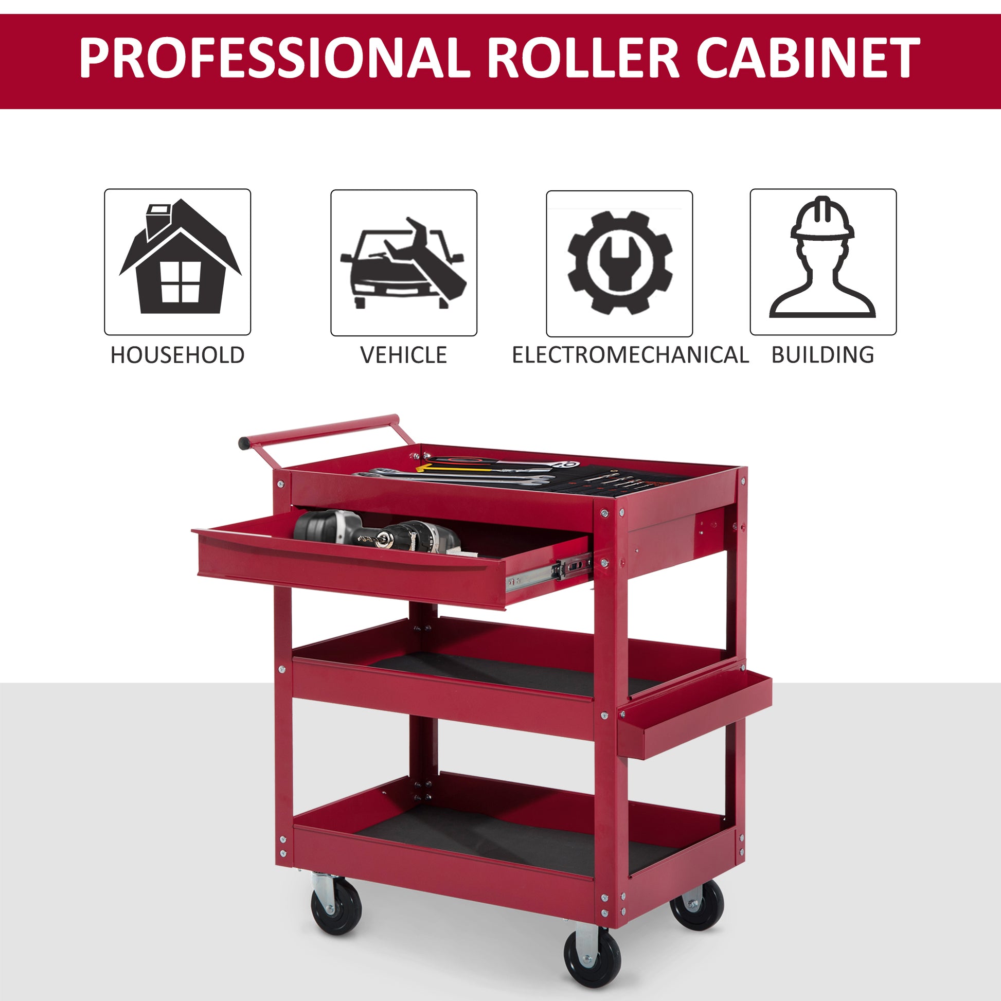 3-Tier Rolling Tool Cart with Drawer & Side Box - Red Steel-Home Improvement > Tools > Tool Organizers-DECOROLALA