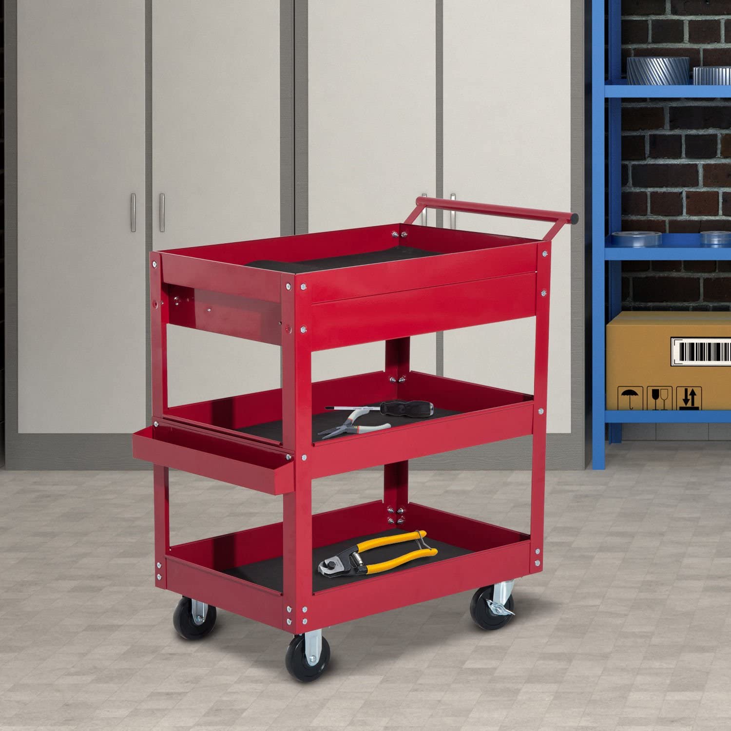 3-Tier Rolling Tool Cart with Drawer & Side Box - Red Steel-Home Improvement > Tools > Tool Organizers-DECOROLALA