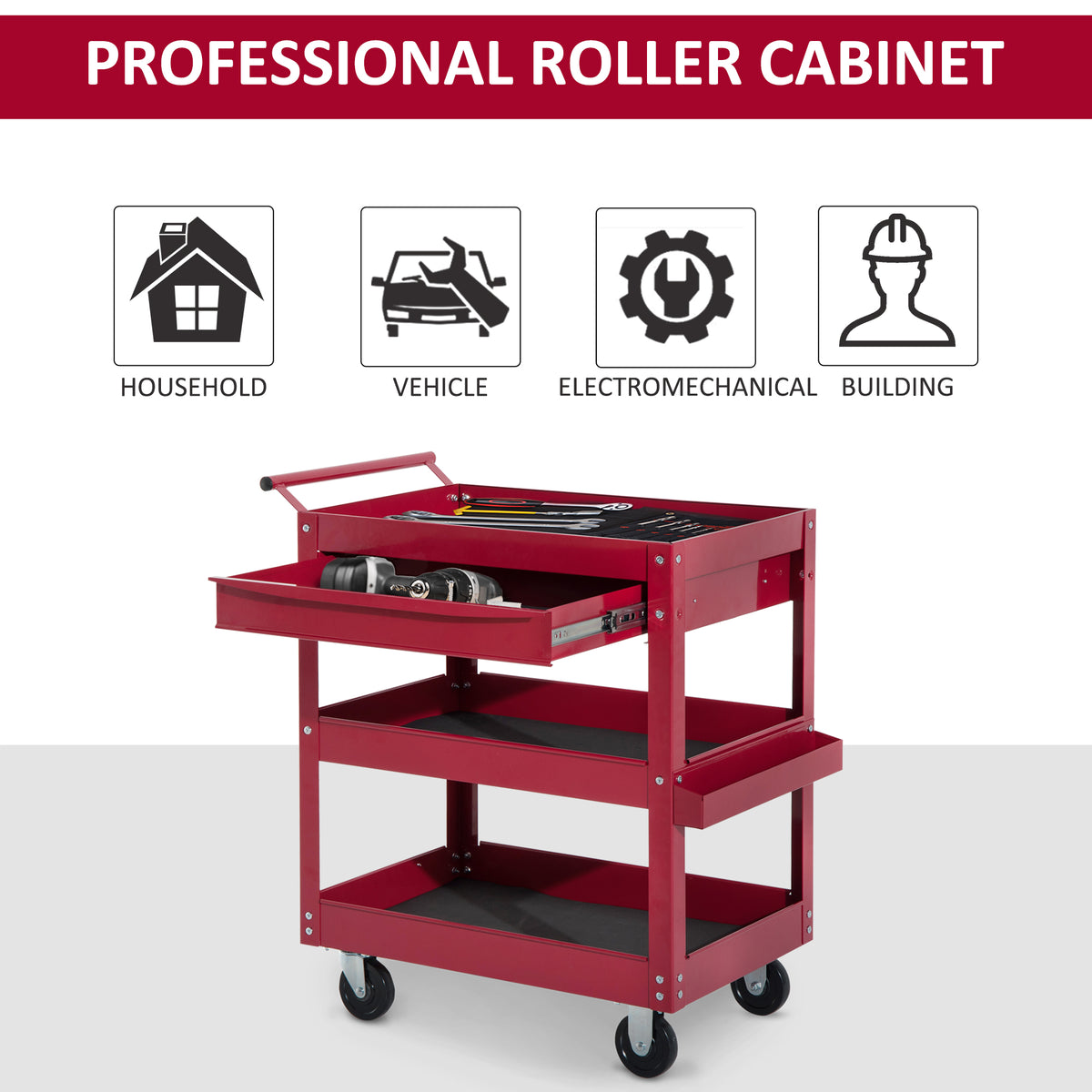3-Tier Rolling Tool Cart with Drawer & Side Box - Red Steel-Home Improvement > Tools > Tool Organizers-DECOROLALA
