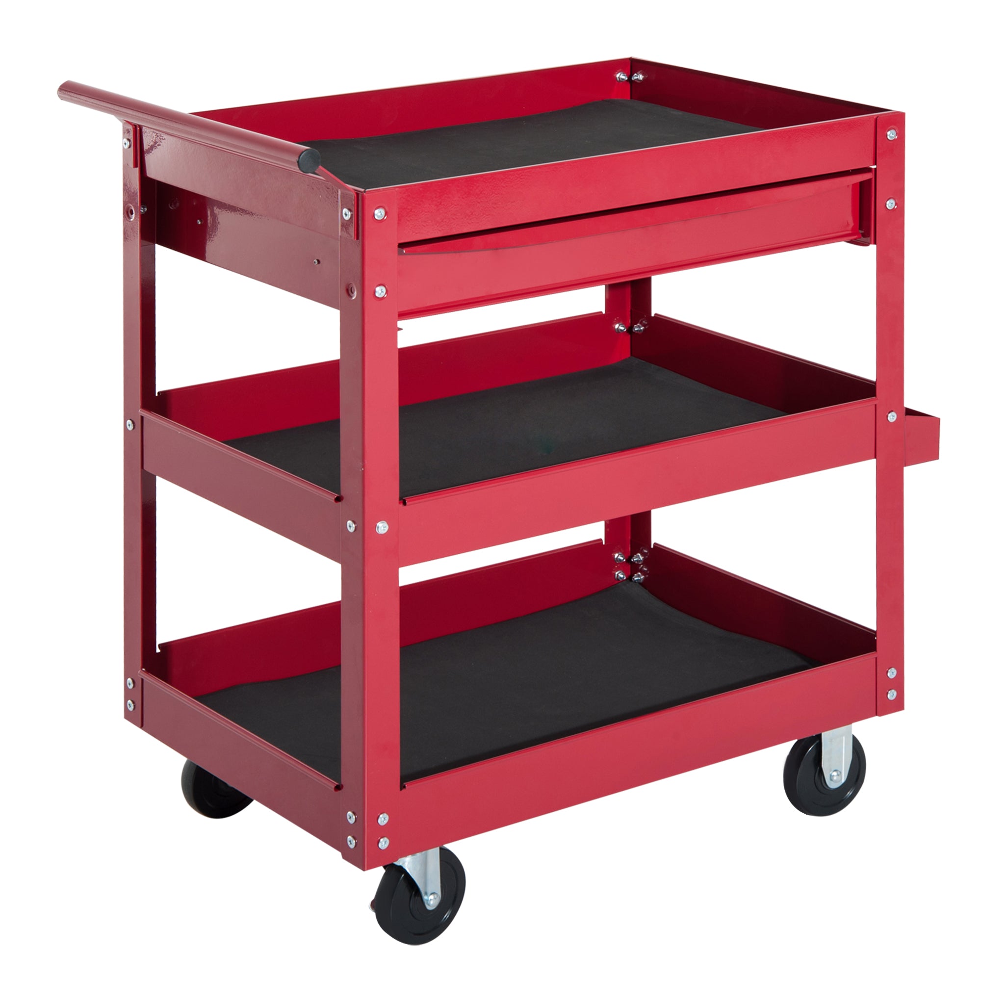 3-Tier Rolling Tool Cart with Drawer & Side Box - Red Steel-Home Improvement > Tools > Tool Organizers-DECOROLALA
