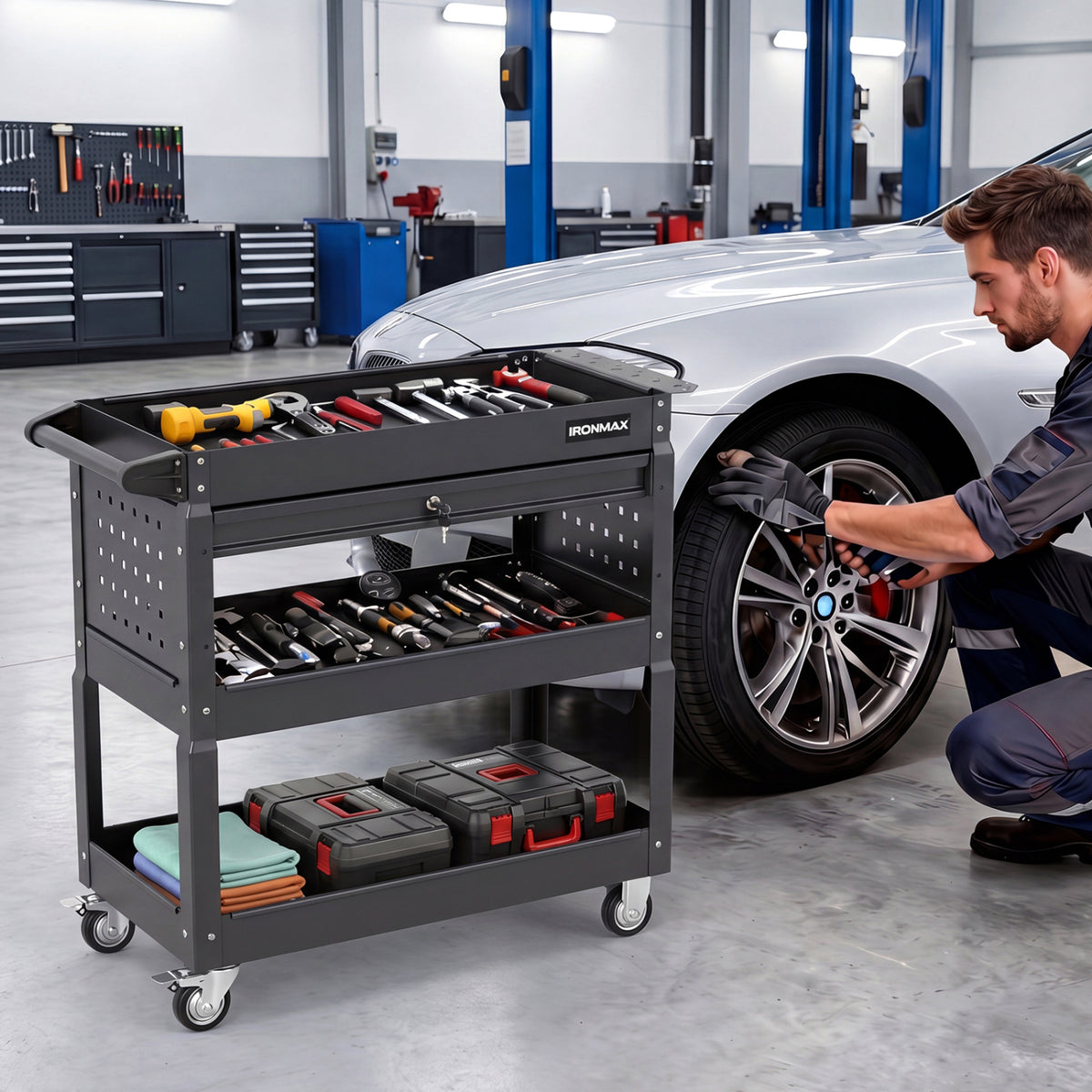 3 Tier Rolling Tool Cart with Lockable Drawer for Garage and Workshop-Black-Garages-DECOROLALA