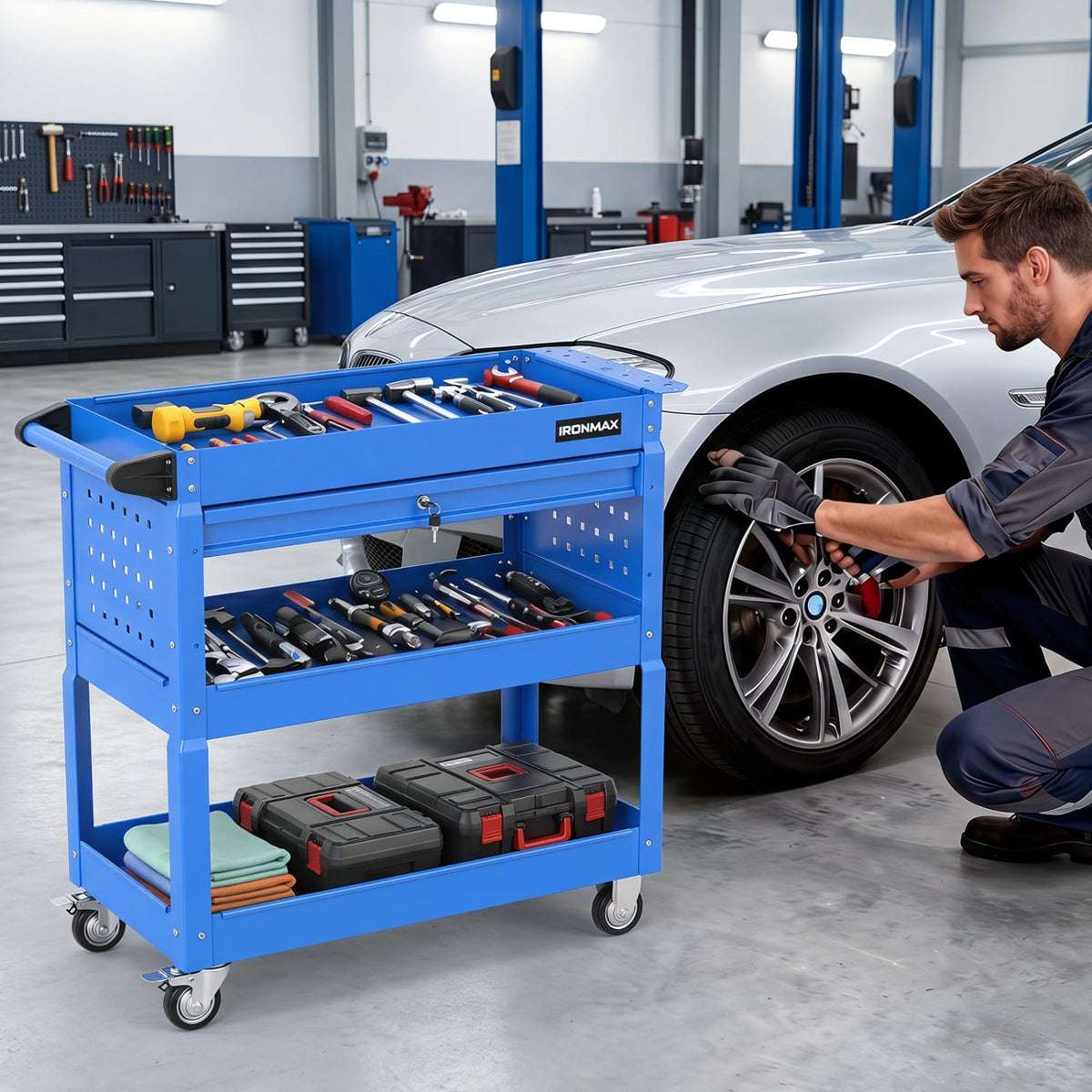 3 Tier Rolling Tool Cart with Lockable Drawer for Garage and Workshop-Blue-Garages-DECOROLALA